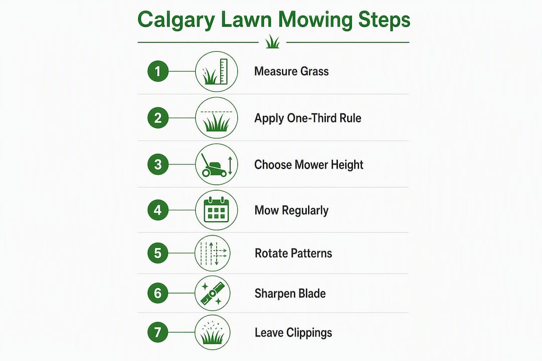 Infographic showing step-by-step lawn mowing guide for Calgary homeowners