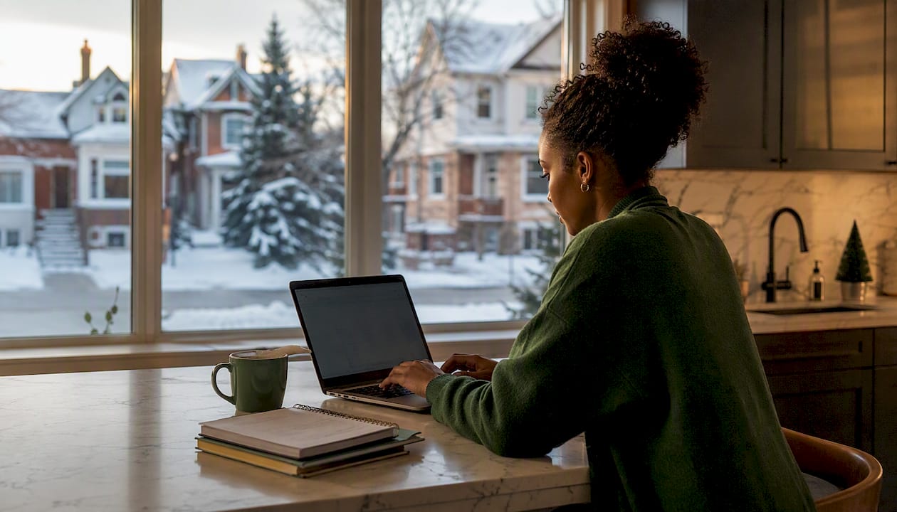 Woman comparing regional snow removal costs indoors