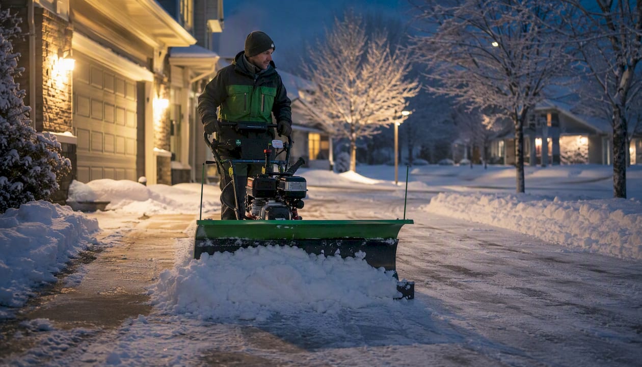 Snow plow clearing residential driveway