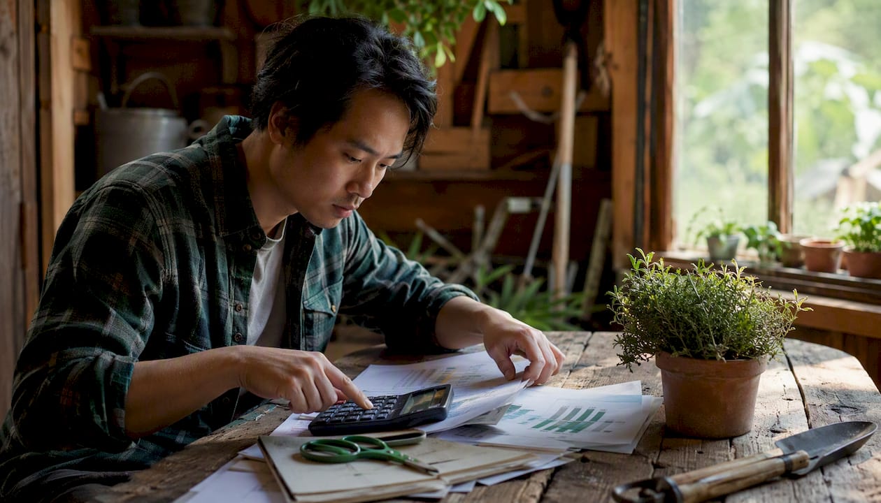 Hands organizing lawn care budget documents on desk