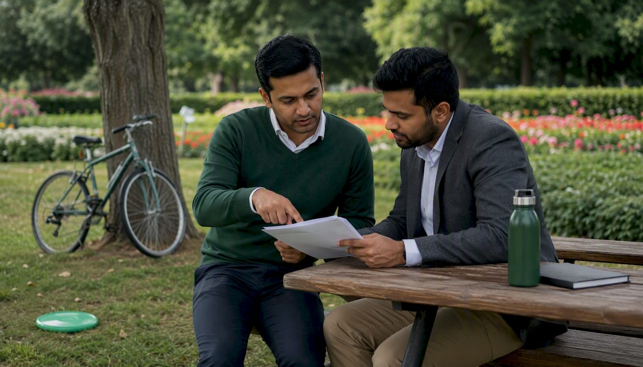 Two men reviewing lawn care RFP outdoors