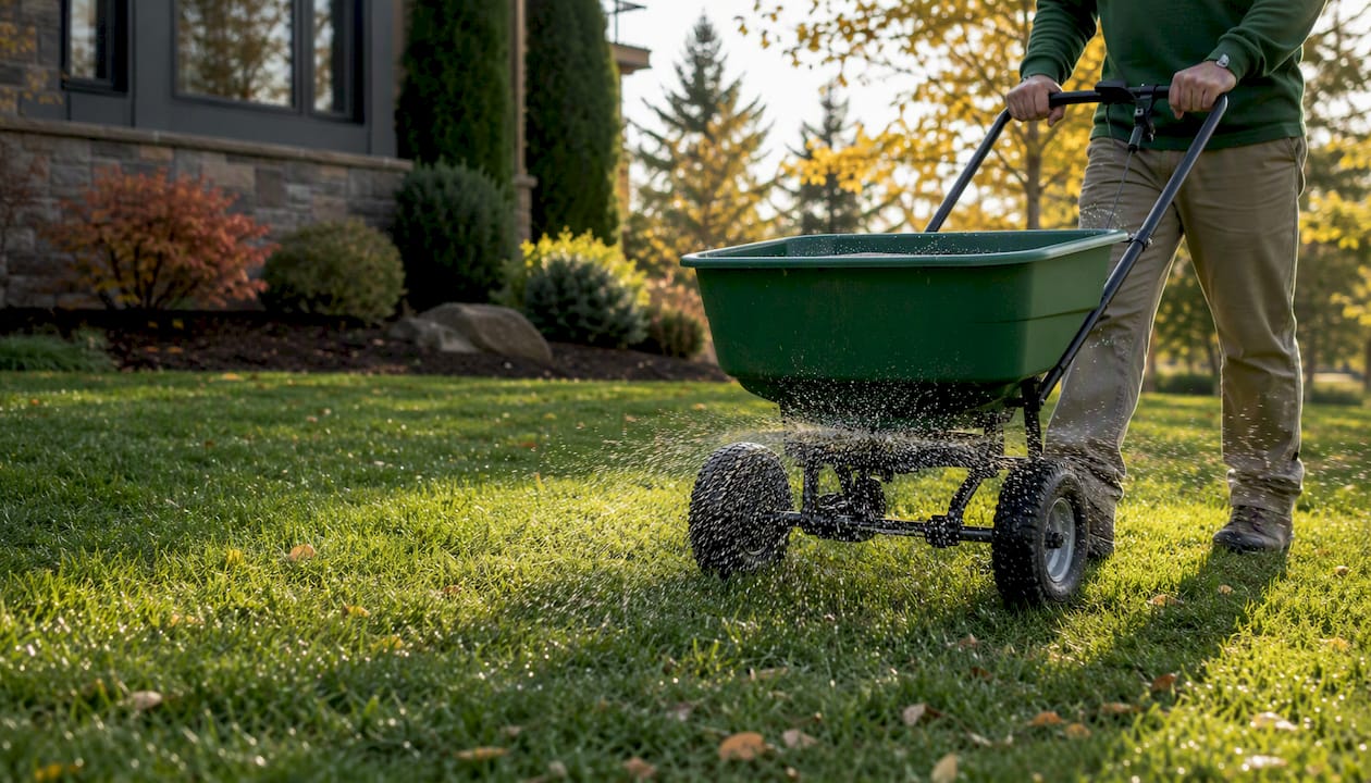 Broadcast spreader fertilizing lawn close-up
