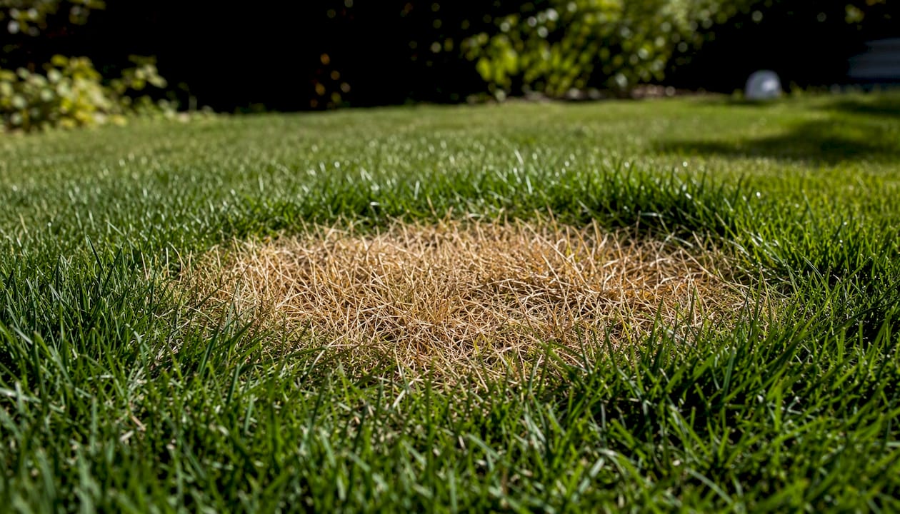 Urine burn spot with green ring on lawn