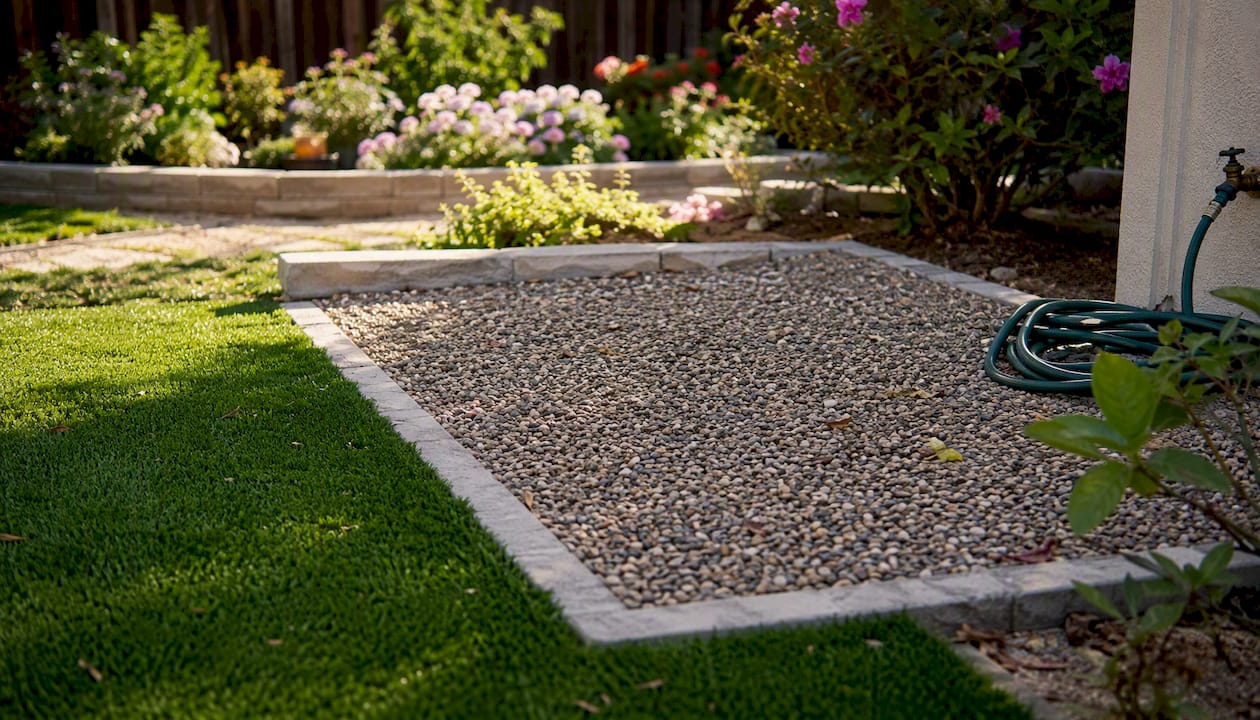Gravel pee pad beside lawn in backyard
