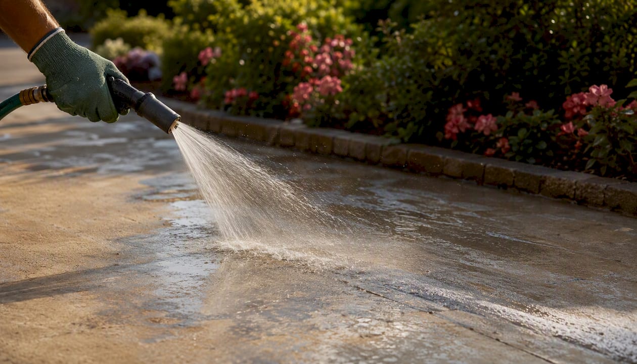 Water rinsing efflorescence on concrete surface