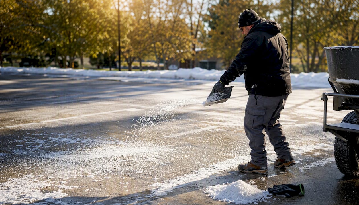 Close-up of salting snow on commercial parking lot