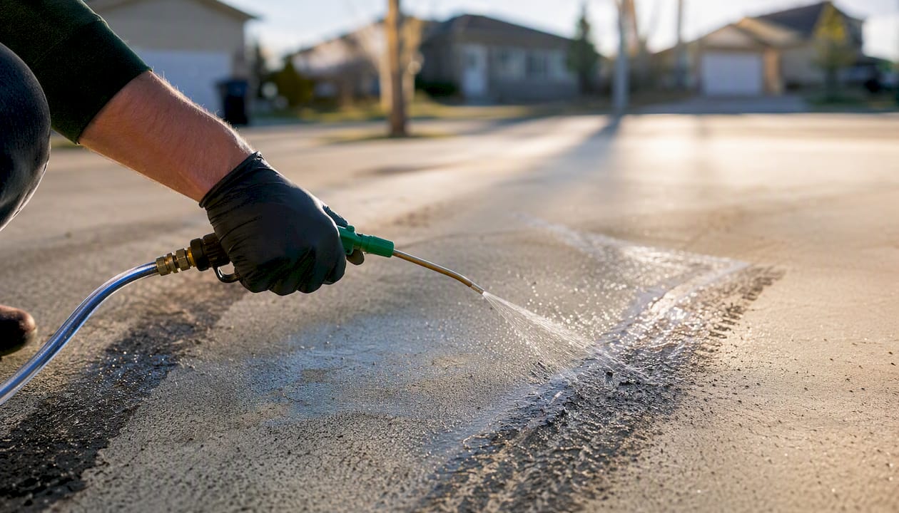 Hands spraying degreaser on marked concrete