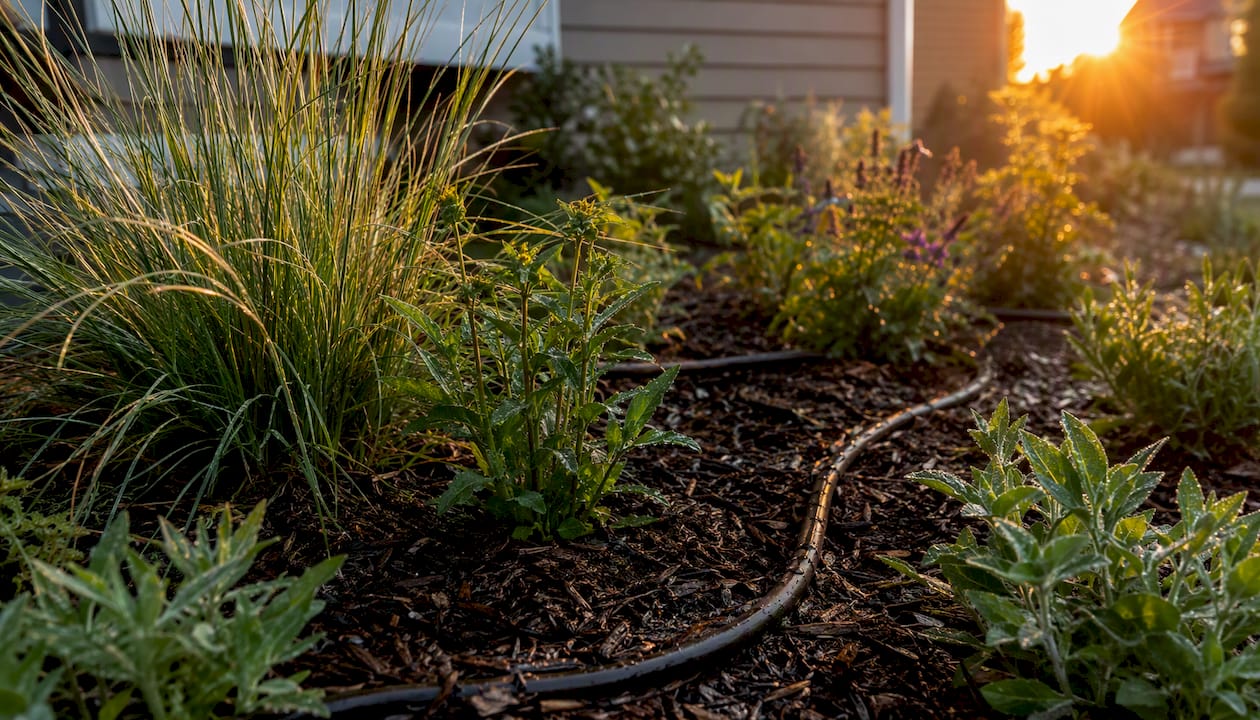 Soaker hose watering xeriscape plants