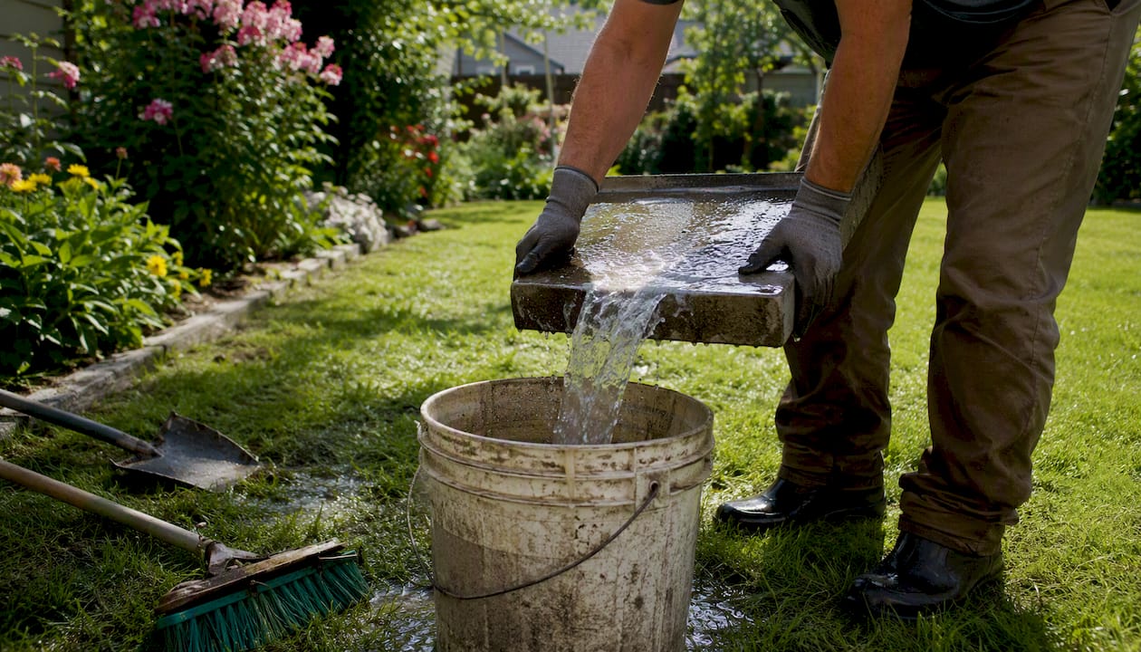 Pouring salt-stained rinse water into a bucket