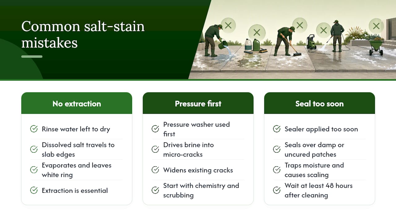 Diagram of common salt stain removal mistakes and outcomes