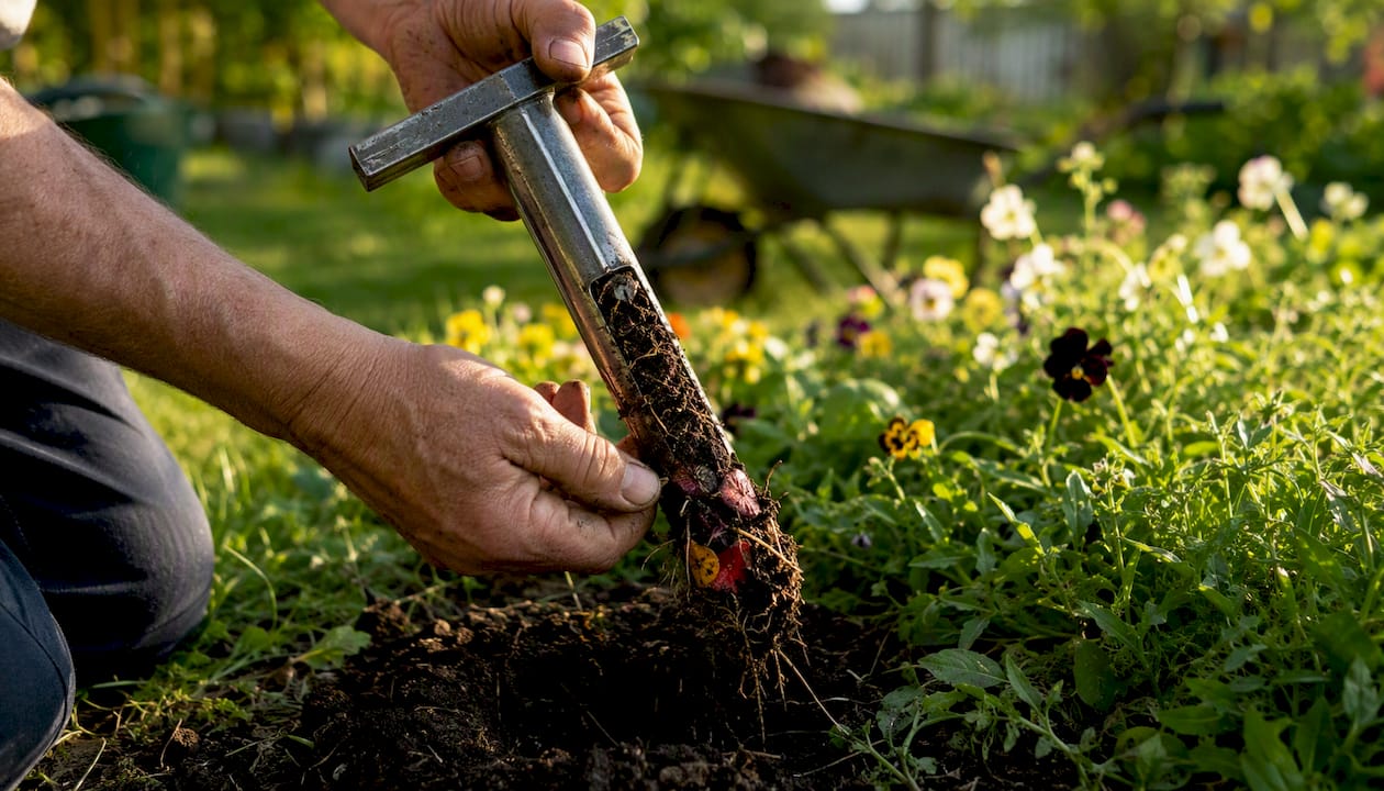 Hands taking soil sample from lawn