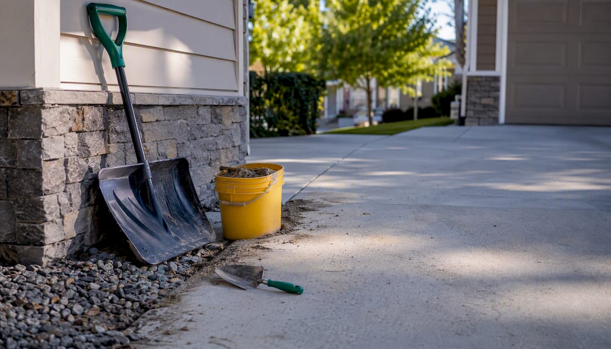 Driveway maintenance tools on concrete surface
