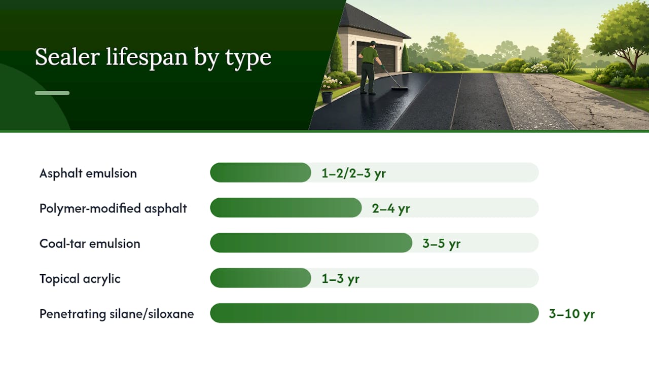 Comparison infographic of driveway sealer types and lifespan