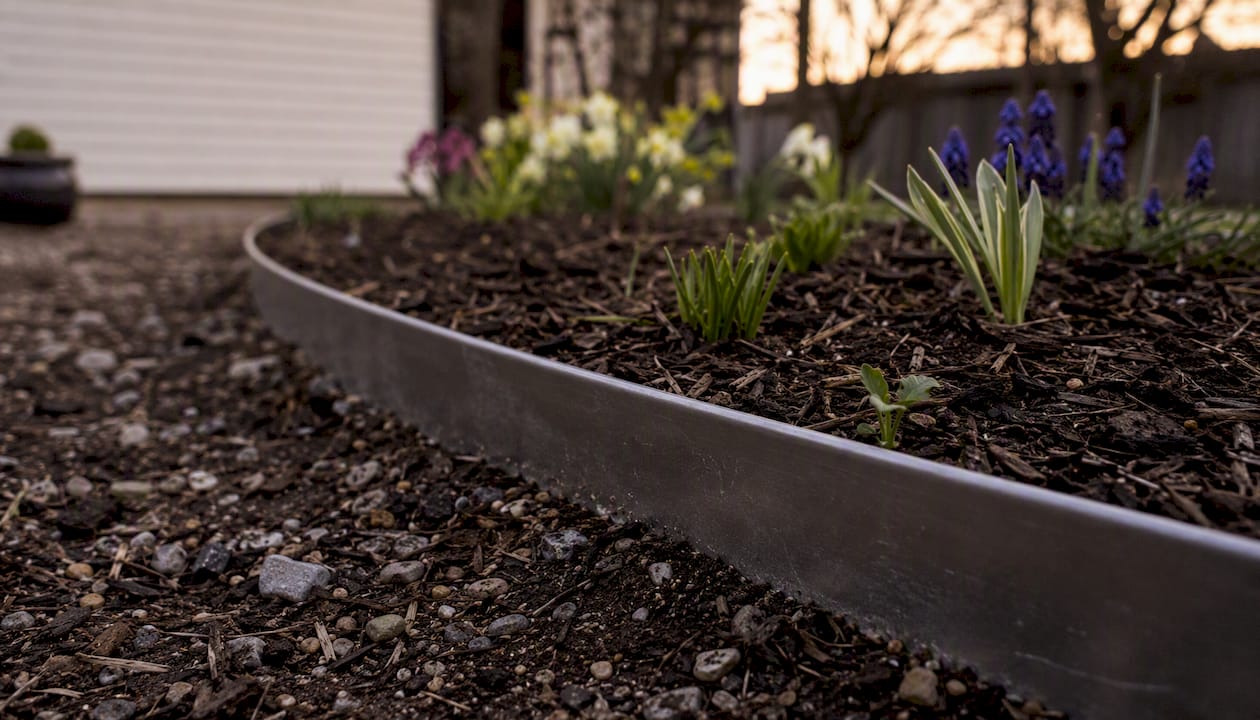 Curved aluminium garden bed edging installed in soil