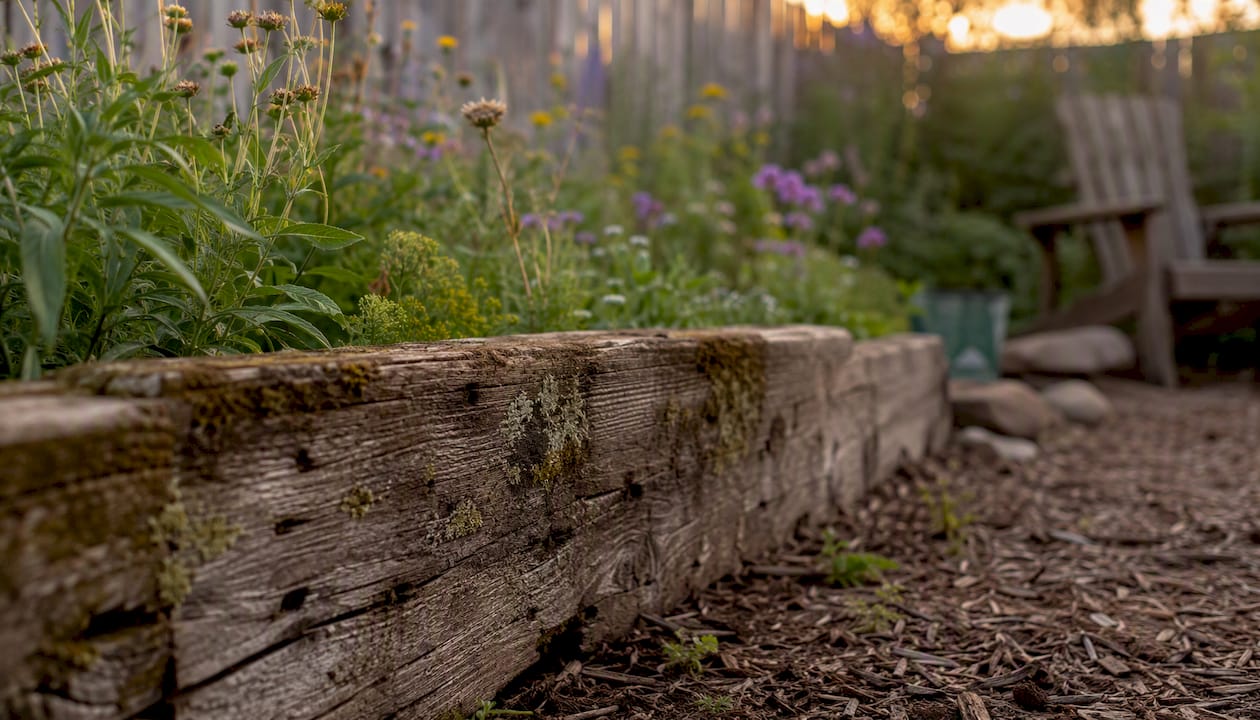 Rustic cedar wood timbers as garden edging