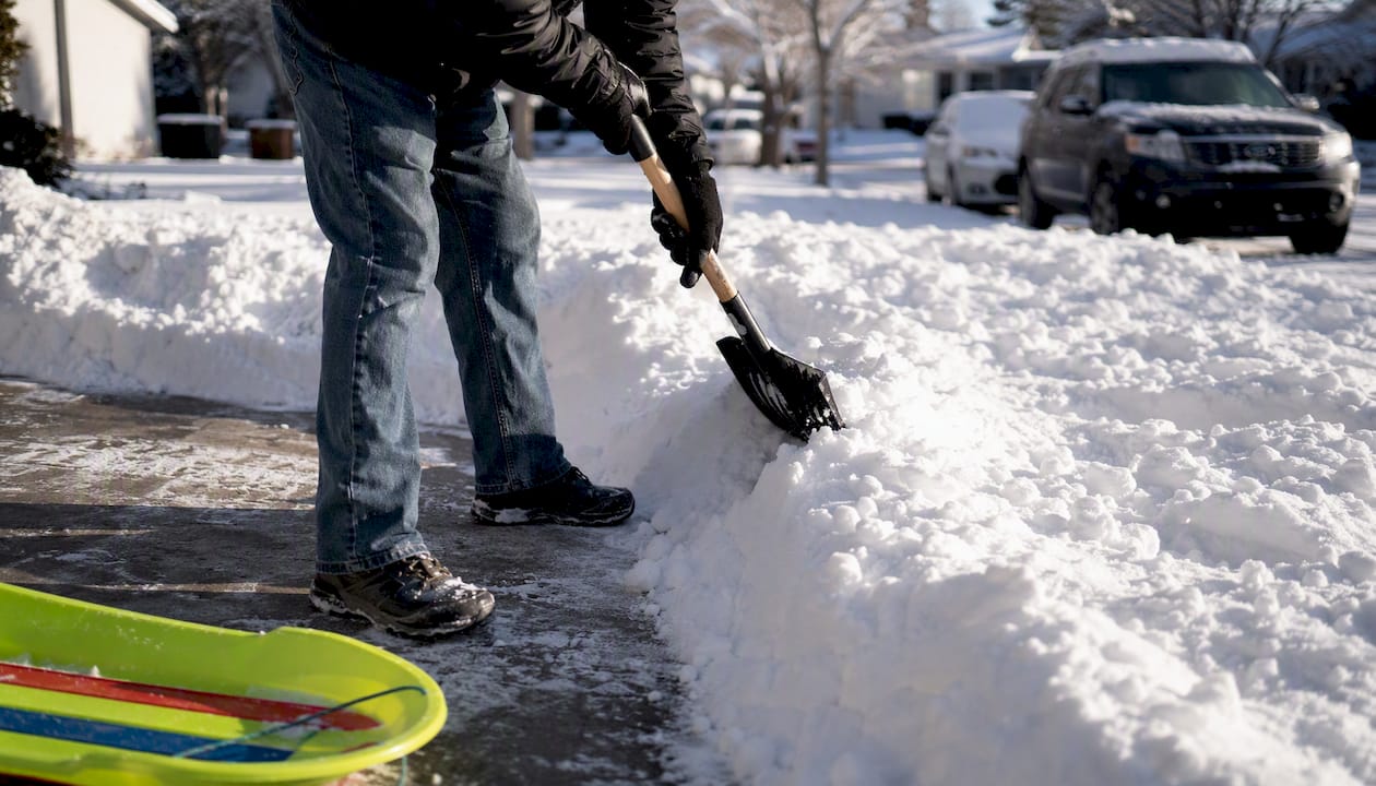 Hands clearing snow windrow along driveway