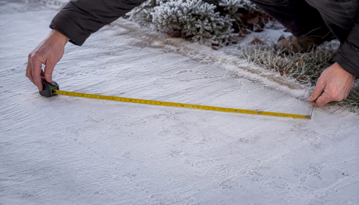 Hands measuring snowy driveway with tape measure