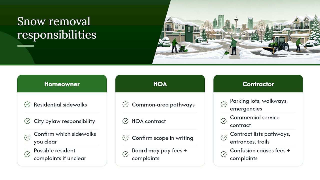 Diagram comparing snow removal responsibilities of homeowners, HOAs and contractors