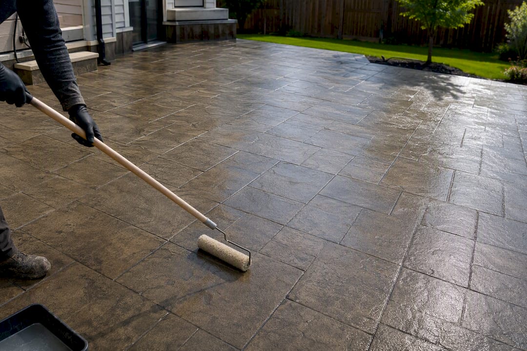 Hands rolling sealer on stamped concrete driveway