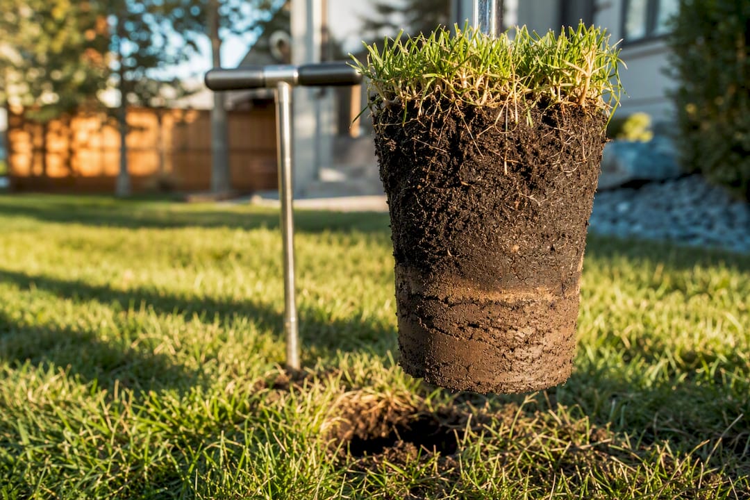 Soil core sample and probe tool on aerated lawn
