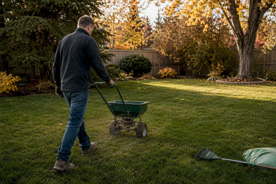 Hand spreading seed over lawn in Calgary fall