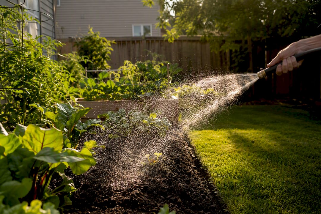 Hand watering vegetable garden and new sod