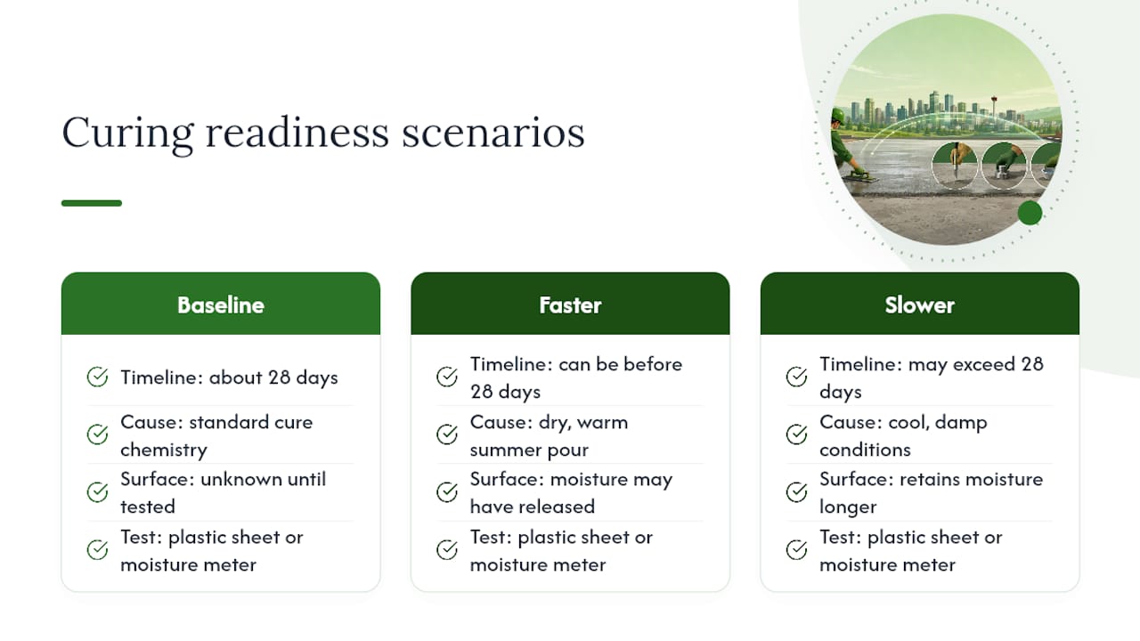Diagram showing concrete curing time factors and weather impact