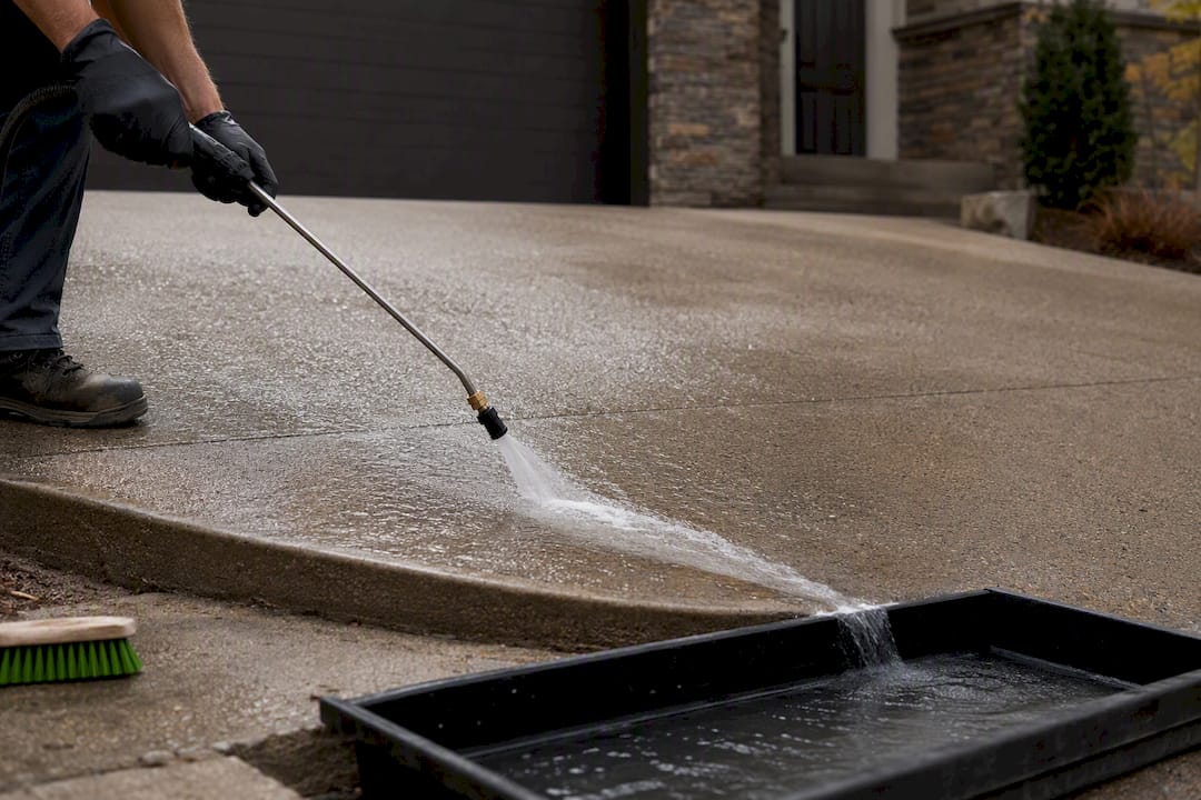 Controlled low-pressure rinsing on sloped driveway