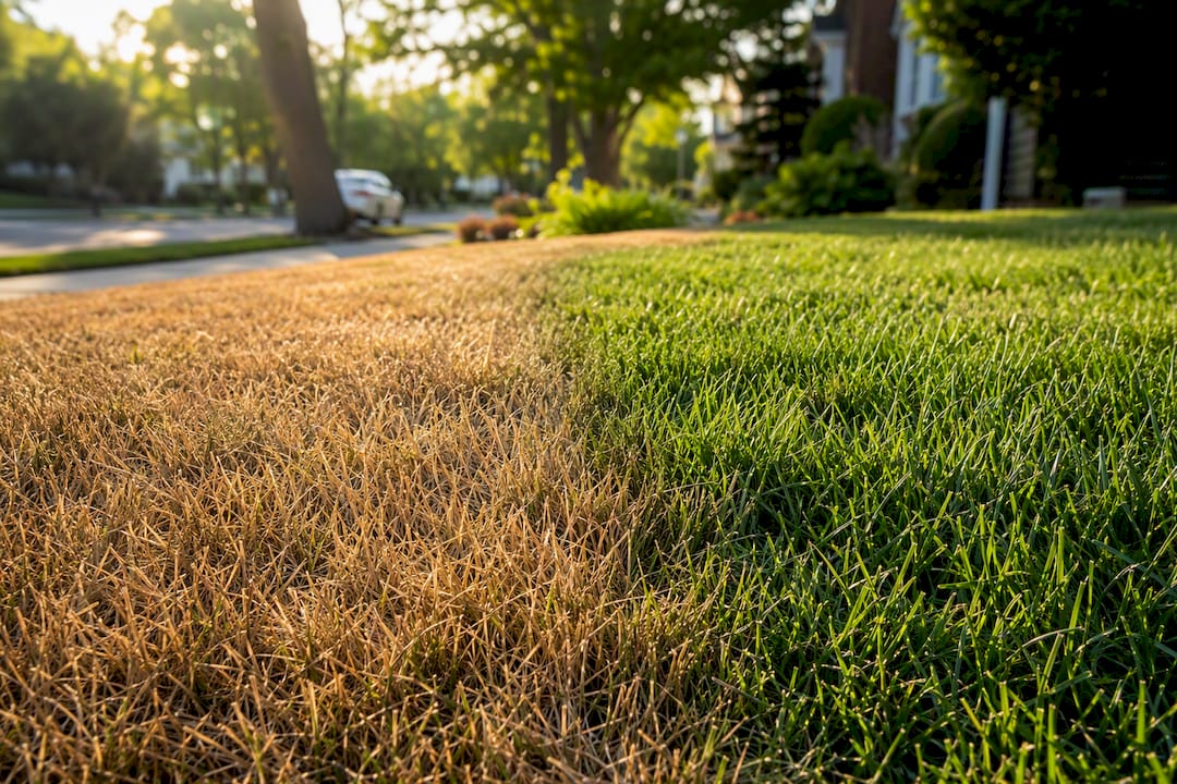 Dormant brown grass beside green turf