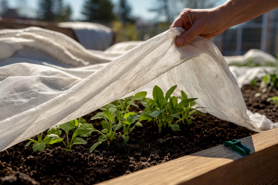 Gardener removing frost cover from seedlings
