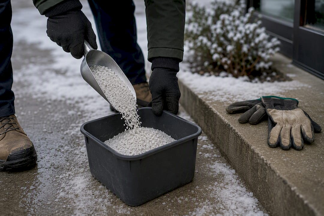 De-icing material beside commercial concrete walkway