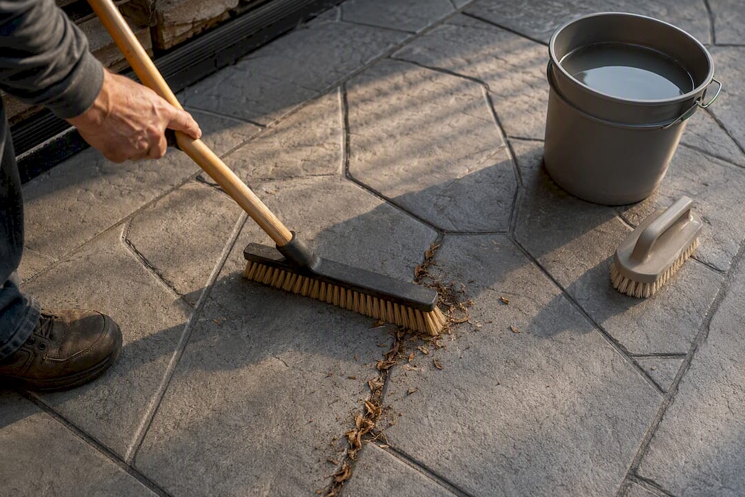 Soft brush cleaning stamped concrete grooves