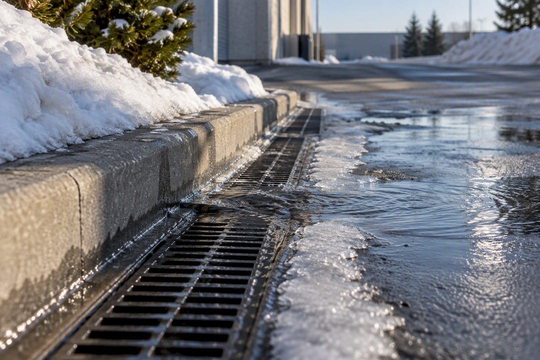 Meltwater flowing toward a drainage channel