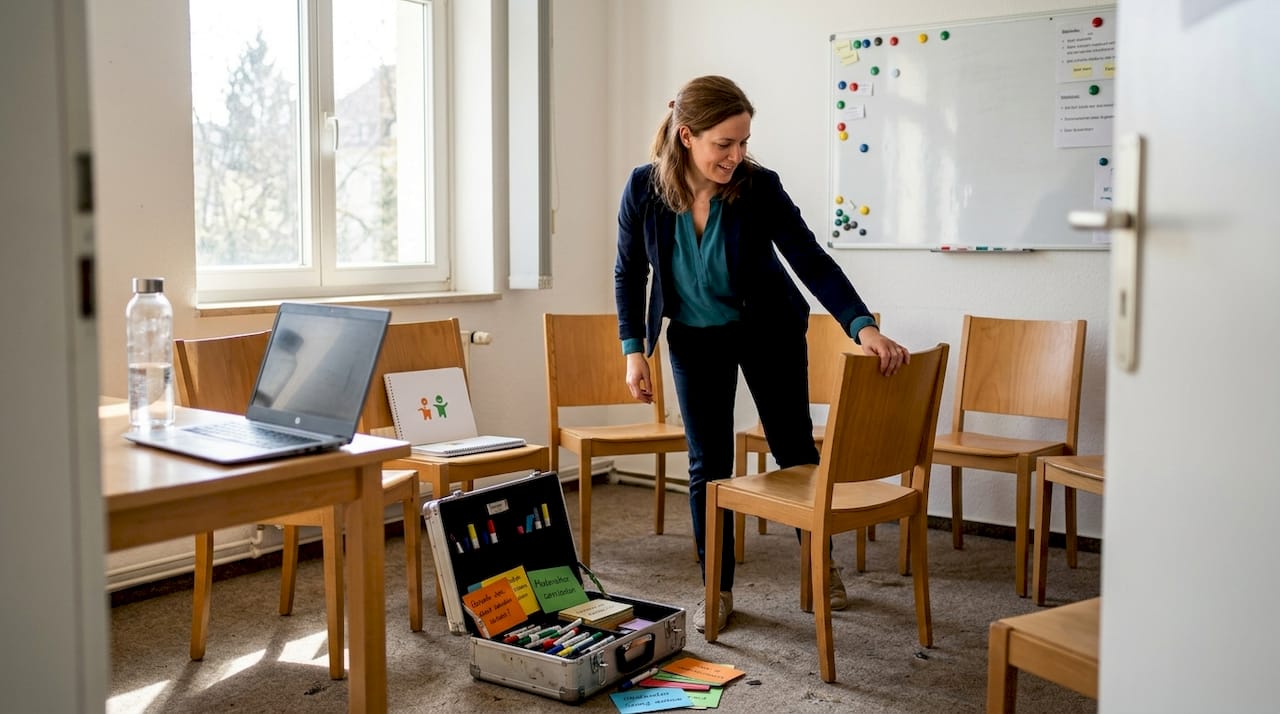 Ein einladender Seminarraum mit Stuhlkreis und bereitgestellten Arbeitsmaterialien.