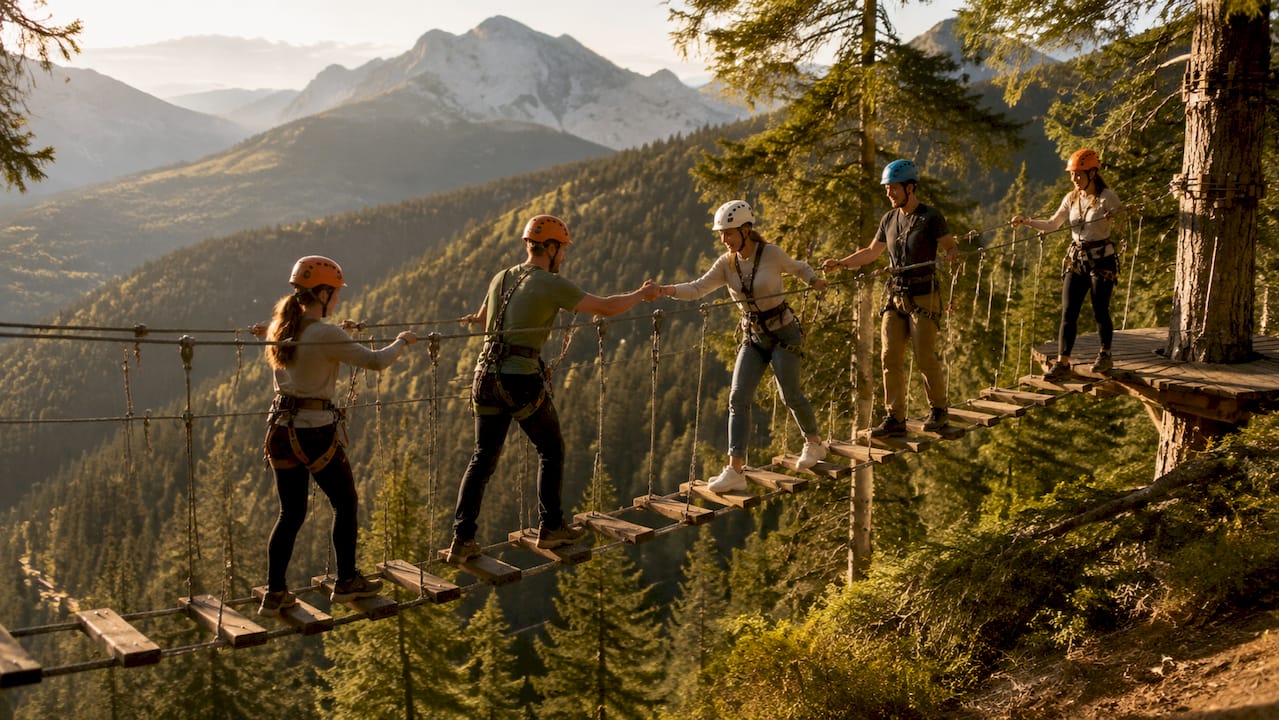 Mitarbeiter stellen sich gemeinsam einer Kletterparcours-Herausforderung im Freien