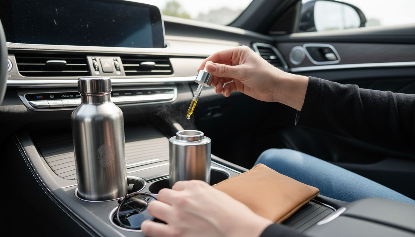 Hands filling diffuser with essential oil in car