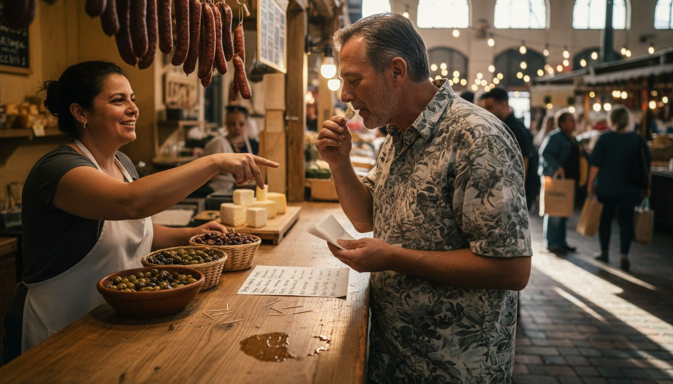 Traveler tasting food at city market tour