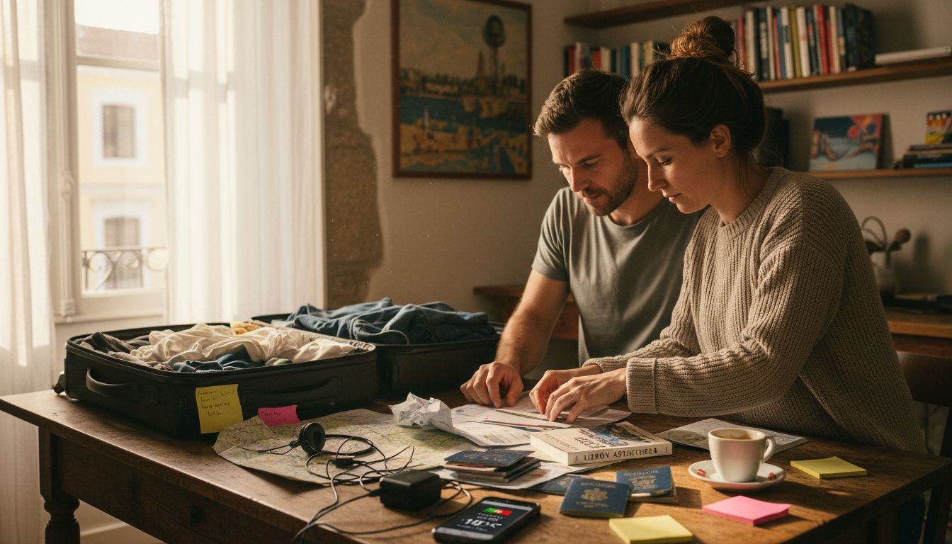 Travelers preparing documents before Portugal trip