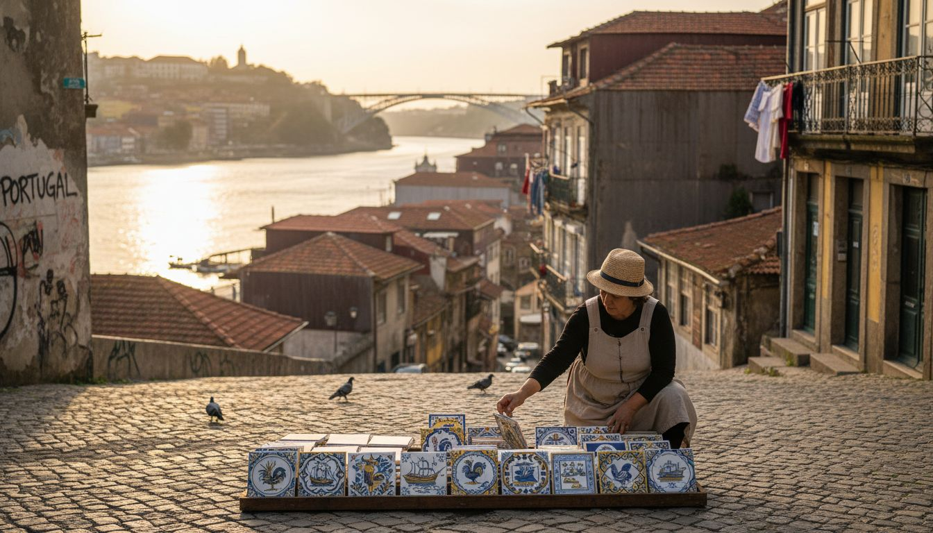 Porto vendor arranges tiles by Douro River