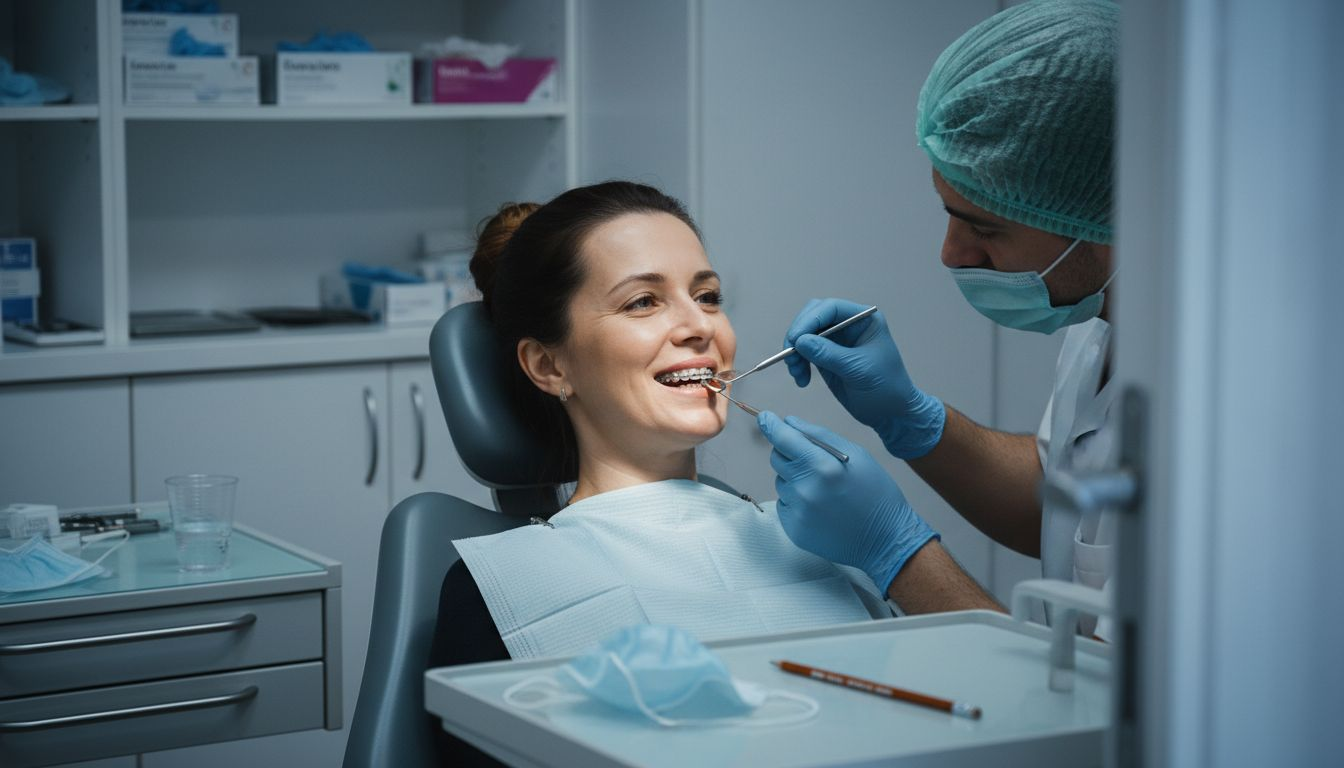 Pacientă care își pune aparat dentar lingual