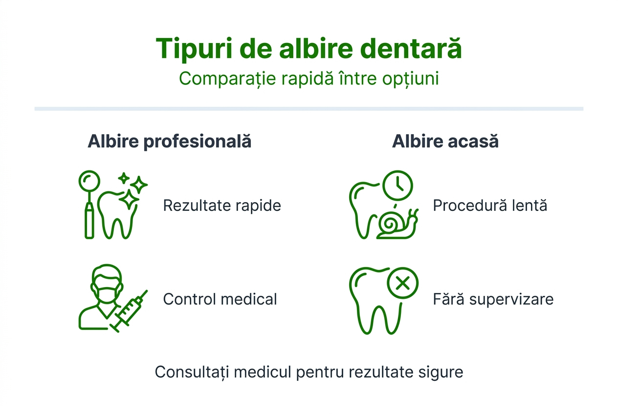 De ce e necesară albirea dinților: ghid complet 2026 2 Infografic: principalele diferențe între albirea profesională a dinților și cea realizată acasă