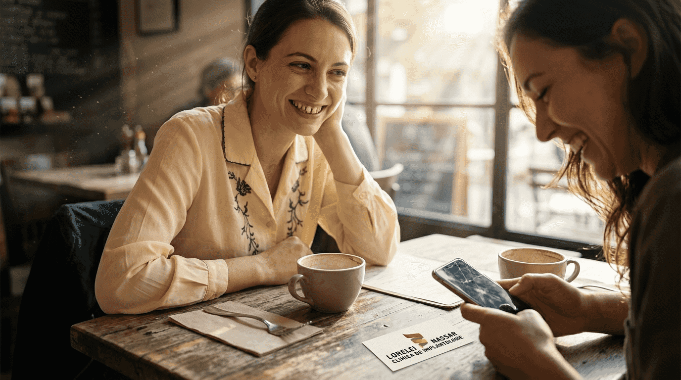 De ce e necesară albirea dinților: ghid complet 2026 1 Două femei își împărtășesc zâmbetele într-un bistro cu atmosferă prietenoasă.