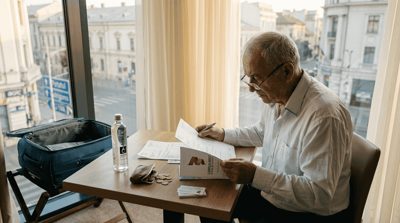 Un pacient își calculează atent costurile pentru tratamentele stomatologice.