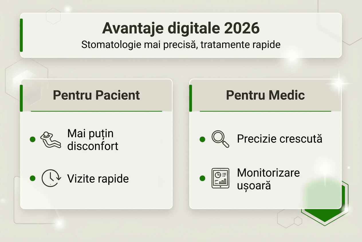 Tehnologia digitală în stomatologie: tratamente moderne 2026 1 Infografic: Beneficiile tehnologiei digitale în stomatologie