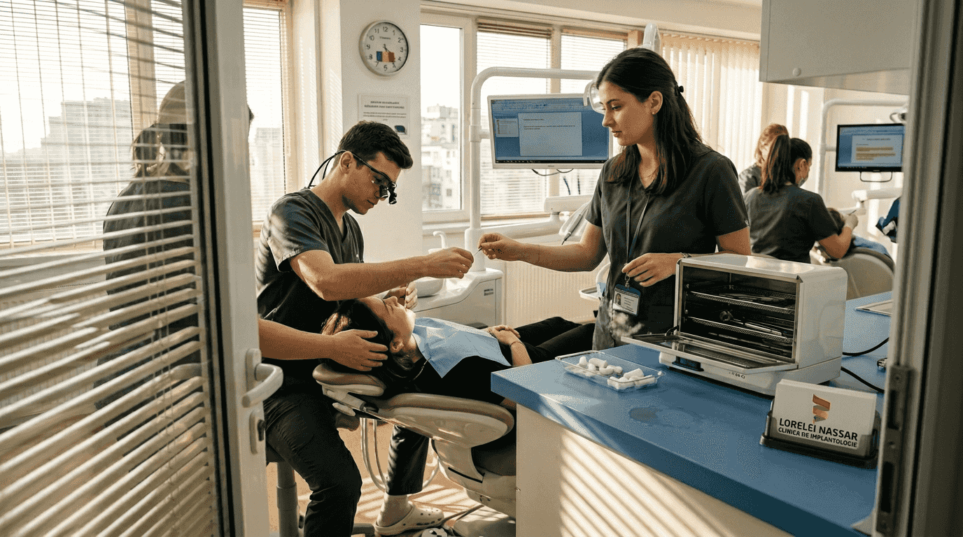 Lista procedurilor stomatologice avansate pentru 2026 1 Medic stomatolog și asistentă în timpul unei proceduri de tratament de canal