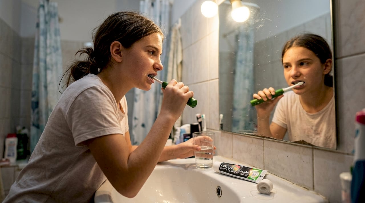 Un adolescent își spală dinții, având aparat dentar.