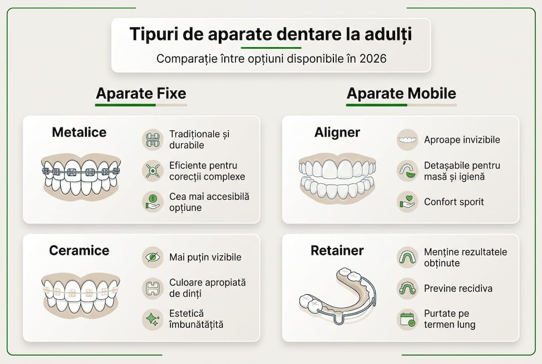 Aparatul dentar la adulți: ghid complet România 2026 2 Infografic: Ce tipuri de aparate dentare există pentru adulți?