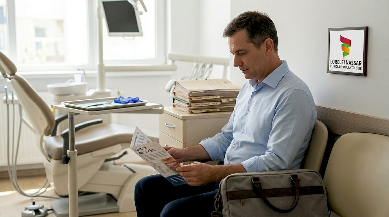 Aparatul dentar la adulți: ghid complet România 2026 1 Un bărbat analizează diferite variante de aparat dentar fix la cabinetul stomatologic, încercând să decidă care i se potrivește cel mai bine.