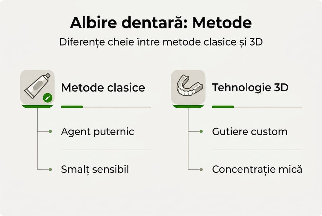 Cum te ajută tehnologia 3D în albirea dentară: ghid complet 2 Infografic care prezintă diferențele dintre principalele metode de albire a dinților