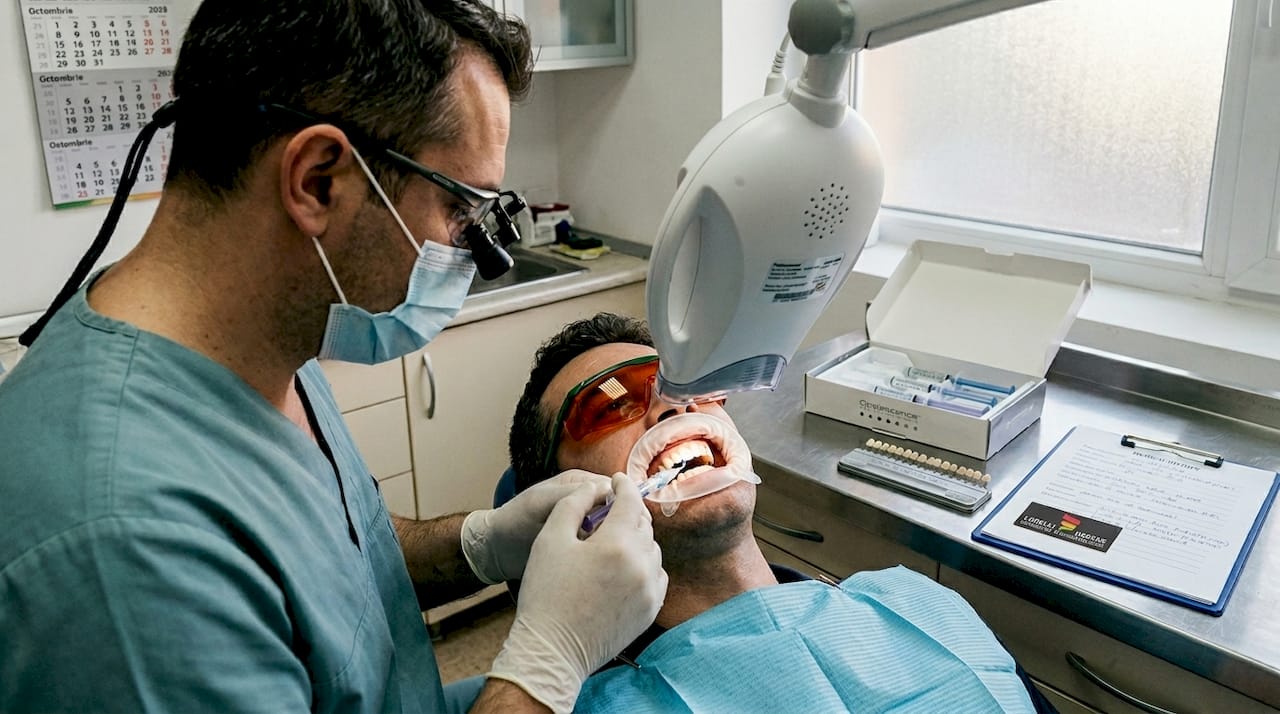 Medicul stomatolog aplică gelul de albire pe dinți în timpul procedurii.